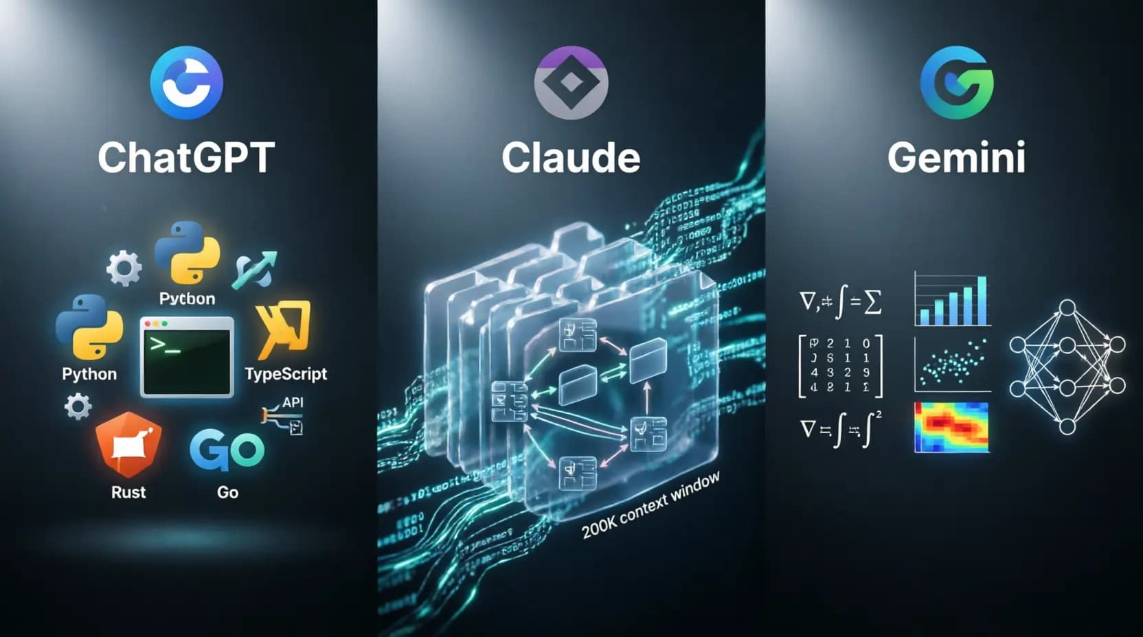 AI coding assistant comparison — Claude for large codebases, ChatGPT for versatility, Gemini for algorithms