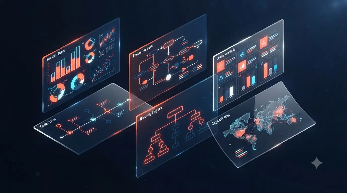 AI प्रॉम्प्ट्स के साथ बनाए गए विभिन्न प्रकार के इन्फोग्राफिक्स के उदाहरण