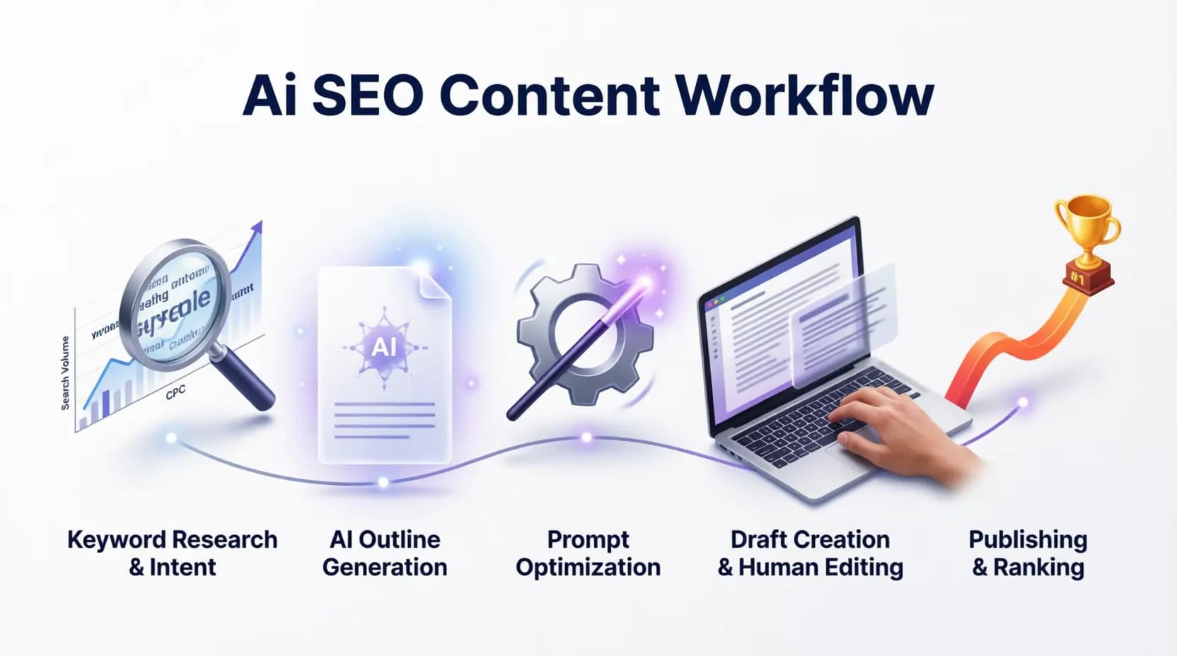 AI SEO content workflow infographic showing the path from keyword research to a published, ranking article