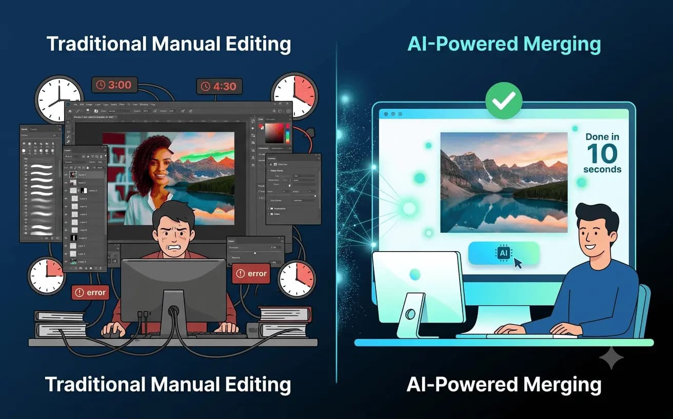AI इमेज मर्जिंग और Photoshop में पारंपरिक मैन्युअल एडिटिंग की तुलना: गति और गुणवत्ता में अंतर