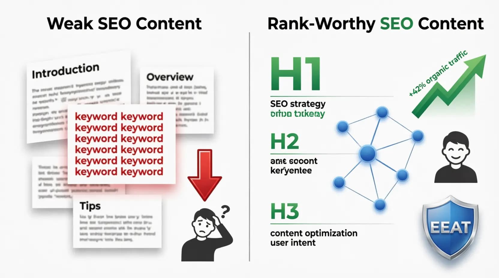 Before and after comparison infographic of weak SEO content versus rank-worthy SEO content
