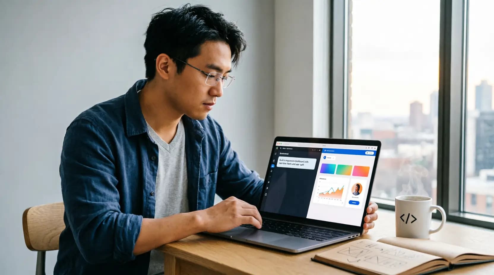 Vibe coding مع مولدات الأكواد بالذكاء الاصطناعي — مطور يستخدم أدوات الذكاء الاصطناعي لبناء تطبيق كامل المكدس